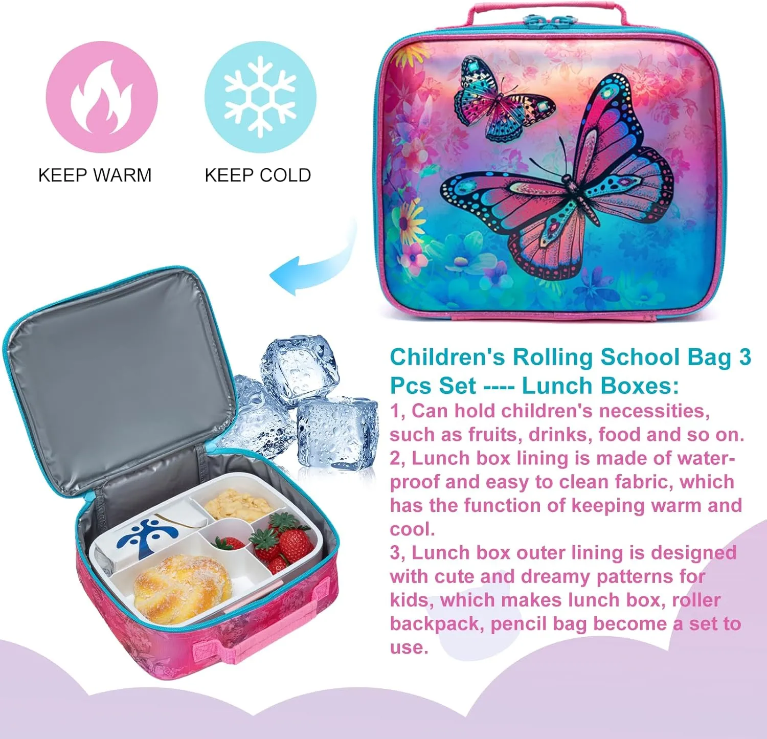 Egchescebo Kids Rolling Butterfly Backpack for Girls Trolley Suitcases Luggage Travel with Wheels Bookbag Wheeled 3PCS Roller Backpacks Toddler Tote Bag Back Pack School Bags Set for Elementary Red