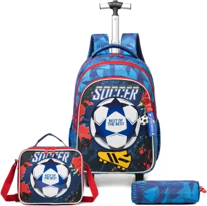 Egchescebo Kids Rolling Football Backpack for Boys Trolley Suitcases Luggage Travel with Wheels Bookbag Wheeled 17" 3PCS Roller Backpacks Toddler Tote Bag Back Pack School Bags Set Elementary Blue