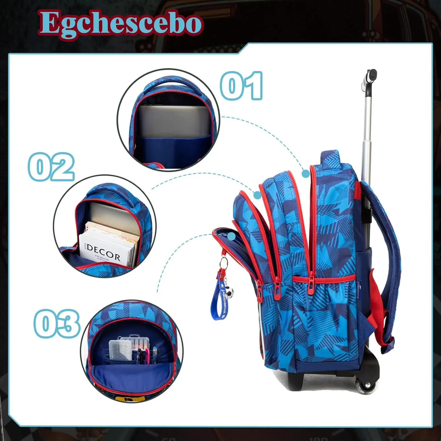 Egchescebo Kids Rolling Football Backpack for Boys Trolley Suitcases Luggage Travel with Wheels Bookbag Wheeled 17" 3PCS Roller Backpacks Toddler Tote Bag Back Pack School Bags Set Elementary Blue