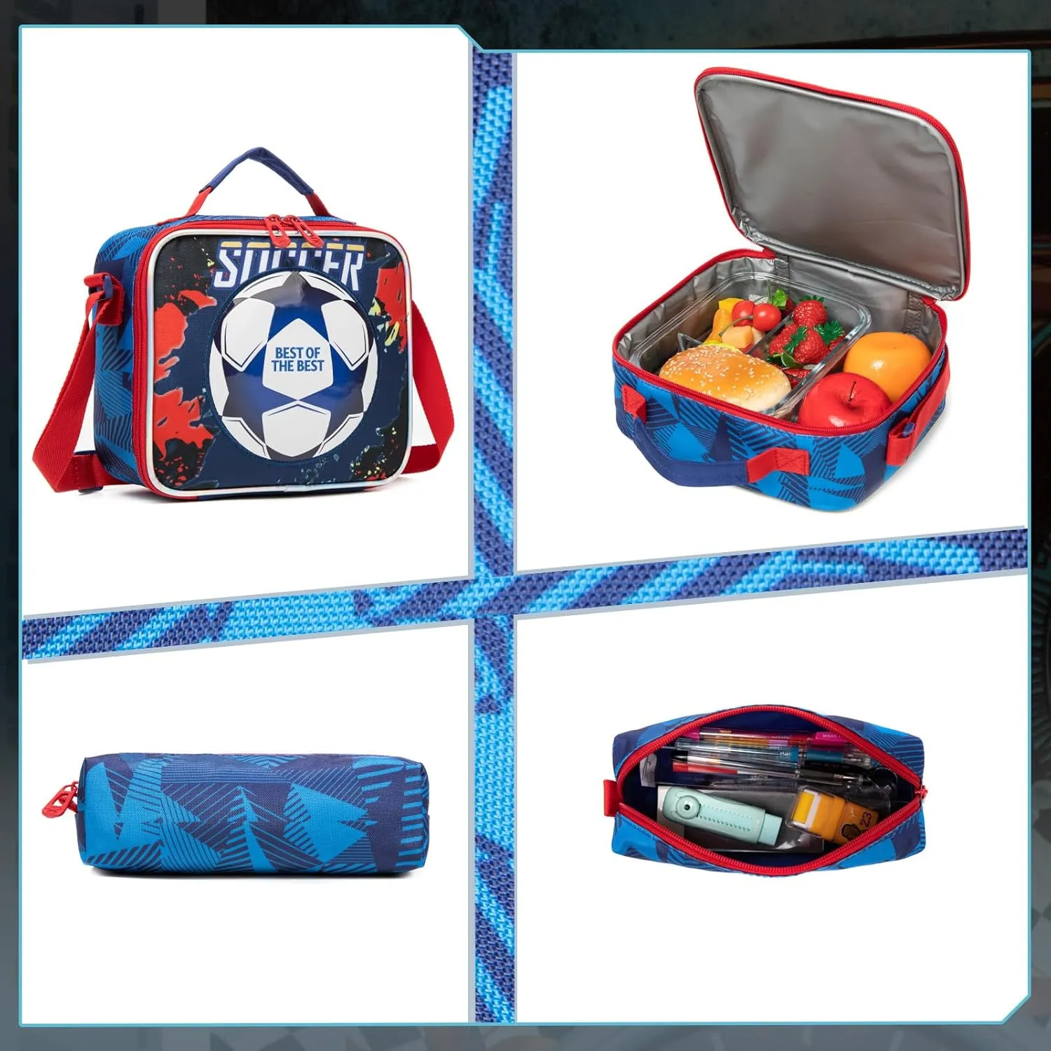 Egchescebo Kids Rolling Football Backpack for Boys Trolley Suitcases Luggage Travel with Wheels Bookbag Wheeled 17" 3PCS Roller Backpacks Toddler Tote Bag Back Pack School Bags Set Elementary Blue