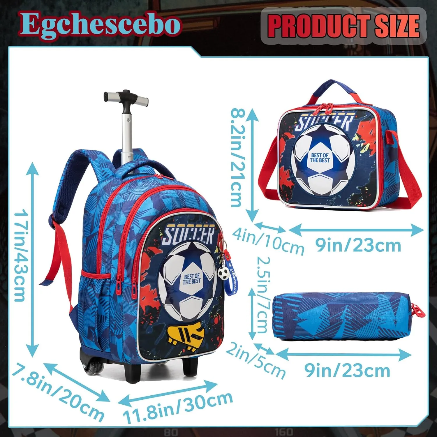 Egchescebo Kids Rolling Football Backpack for Boys Trolley Suitcases Luggage Travel with Wheels Bookbag Wheeled 17" 3PCS Roller Backpacks Toddler Tote Bag Back Pack School Bags Set Elementary Blue