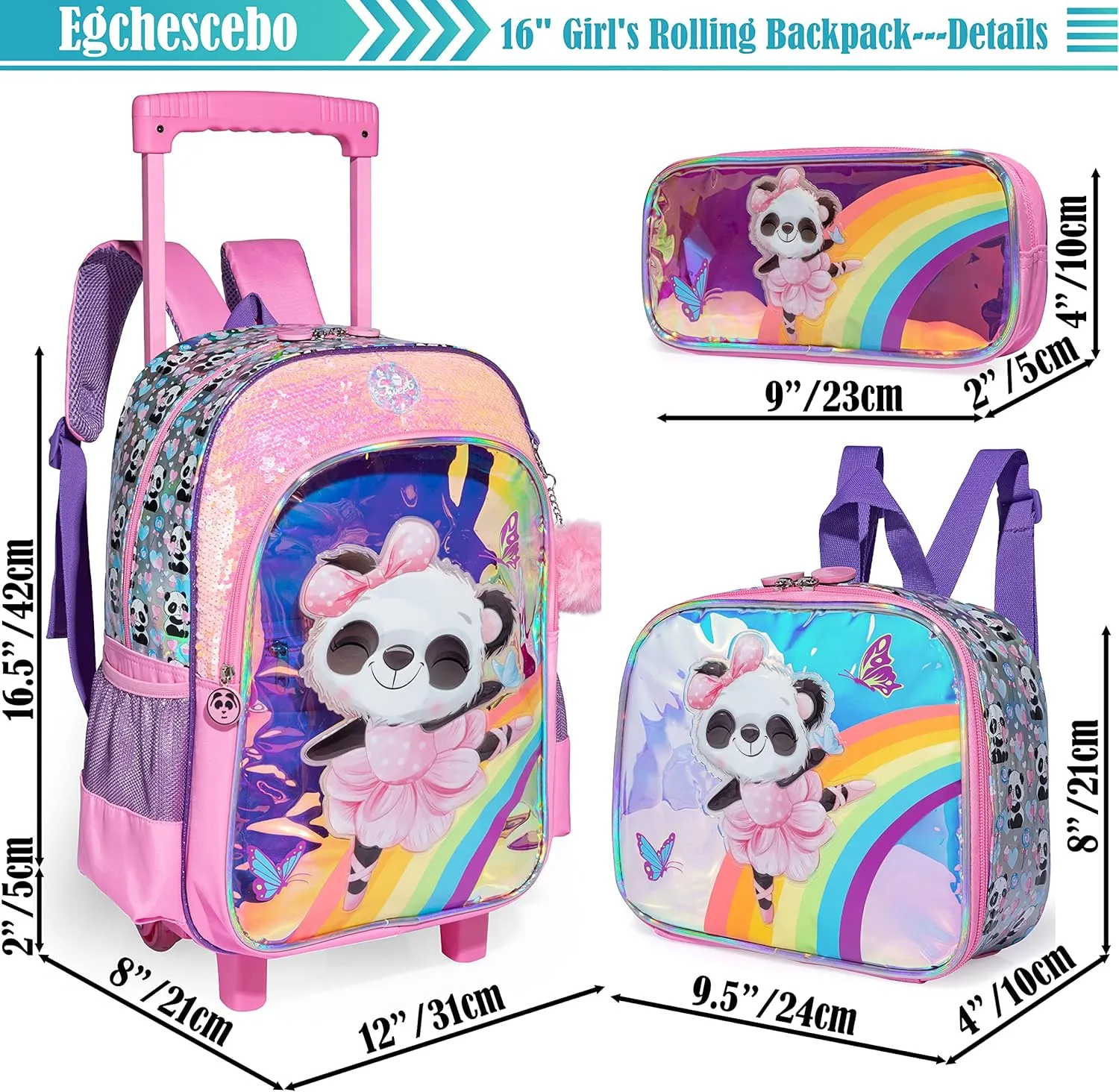 Egchescebo kids Rolling Kid Travel Toddler Duffle Bag Panda Backpack for Girls Carry on Luggage Roller Computer Suitcase with Pencil Case and Lunch Box Wheels Wheeled Clear Backpacks Pink