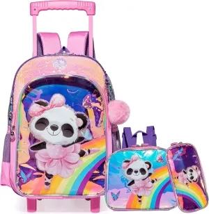 Egchescebo kids Rolling Kid Travel Toddler Duffle Bag Panda Backpack for Girls Carry on Luggage Roller Computer Suitcase with Pencil Case and Lunch Box Wheels Wheeled Clear Backpacks Pink