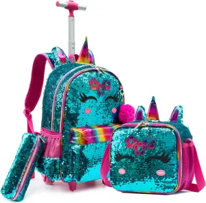 Egchescebo School Kids Rolling Backpack for Girls 3PCS With Trolley Wheeled Backpacks