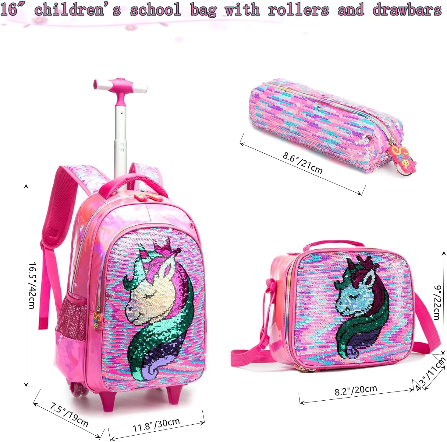 Egchescebo School Kids Rolling Backpack for Girls 3PCS With Trolley Wheeled Backpacks