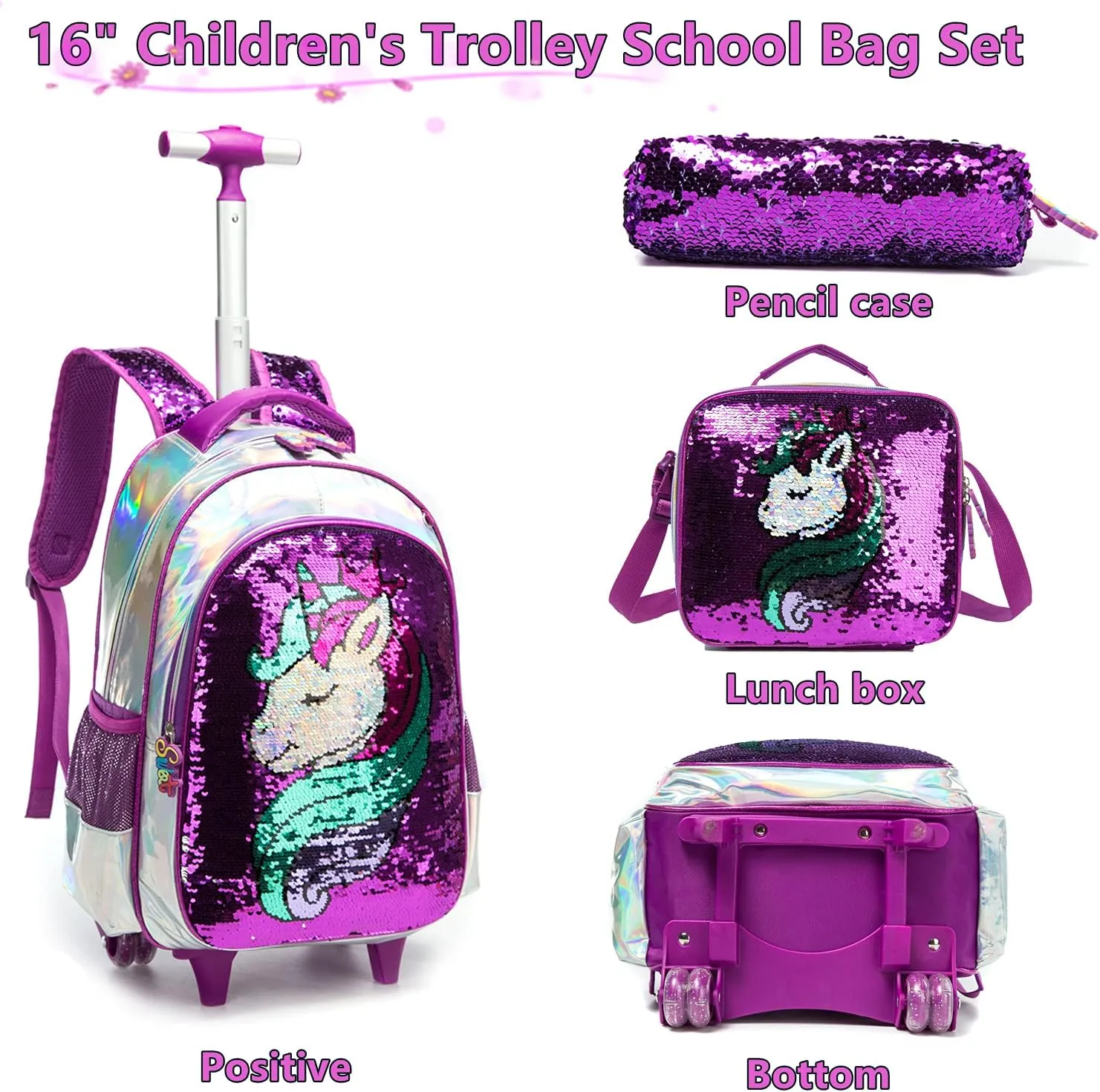 Egchescebo School Kids Rolling Backpack for Girls 3PCS With Trolley Wheeled Backpacks