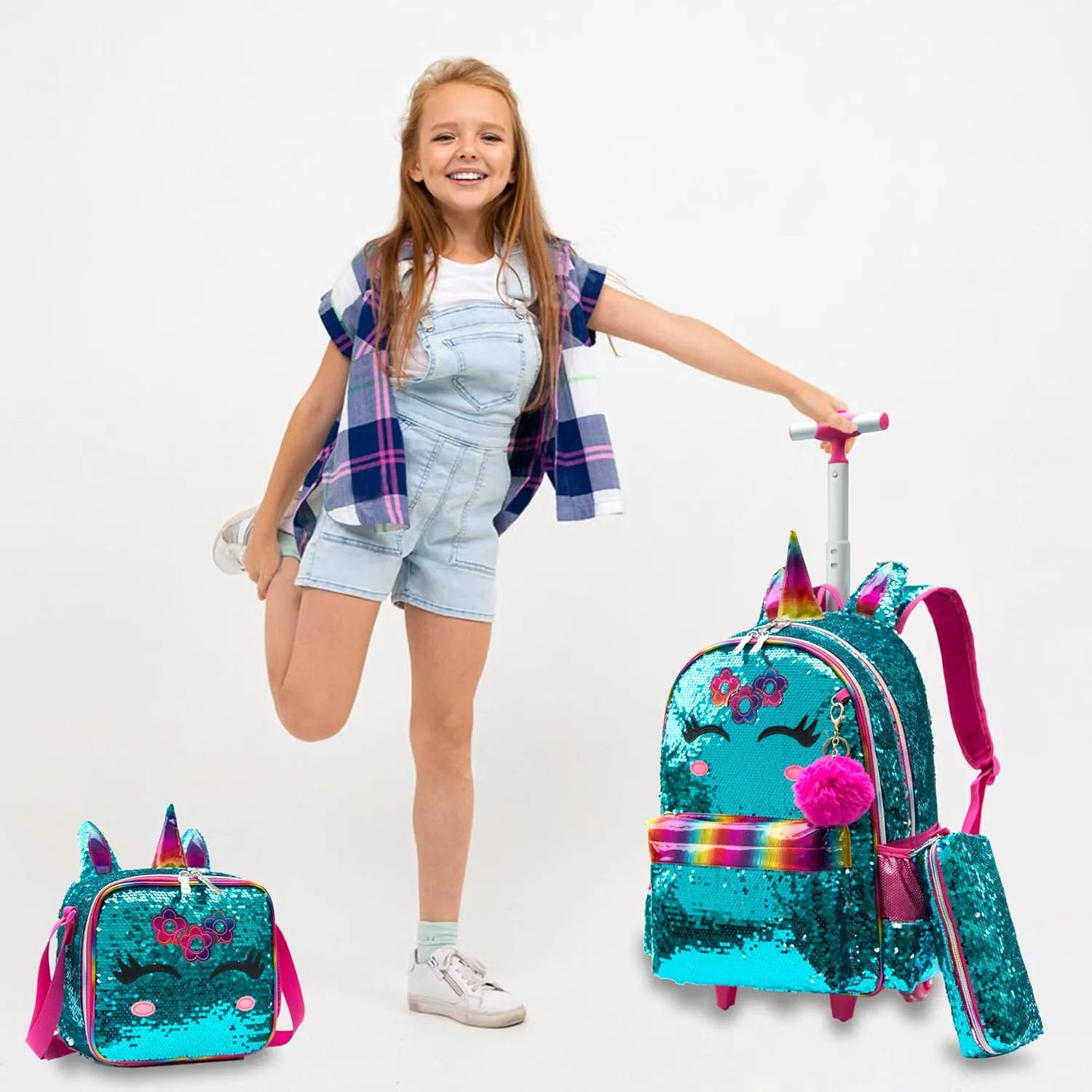 Egchescebo School Kids Rolling Backpack for Girls 3PCS With Trolley Wheeled Backpacks