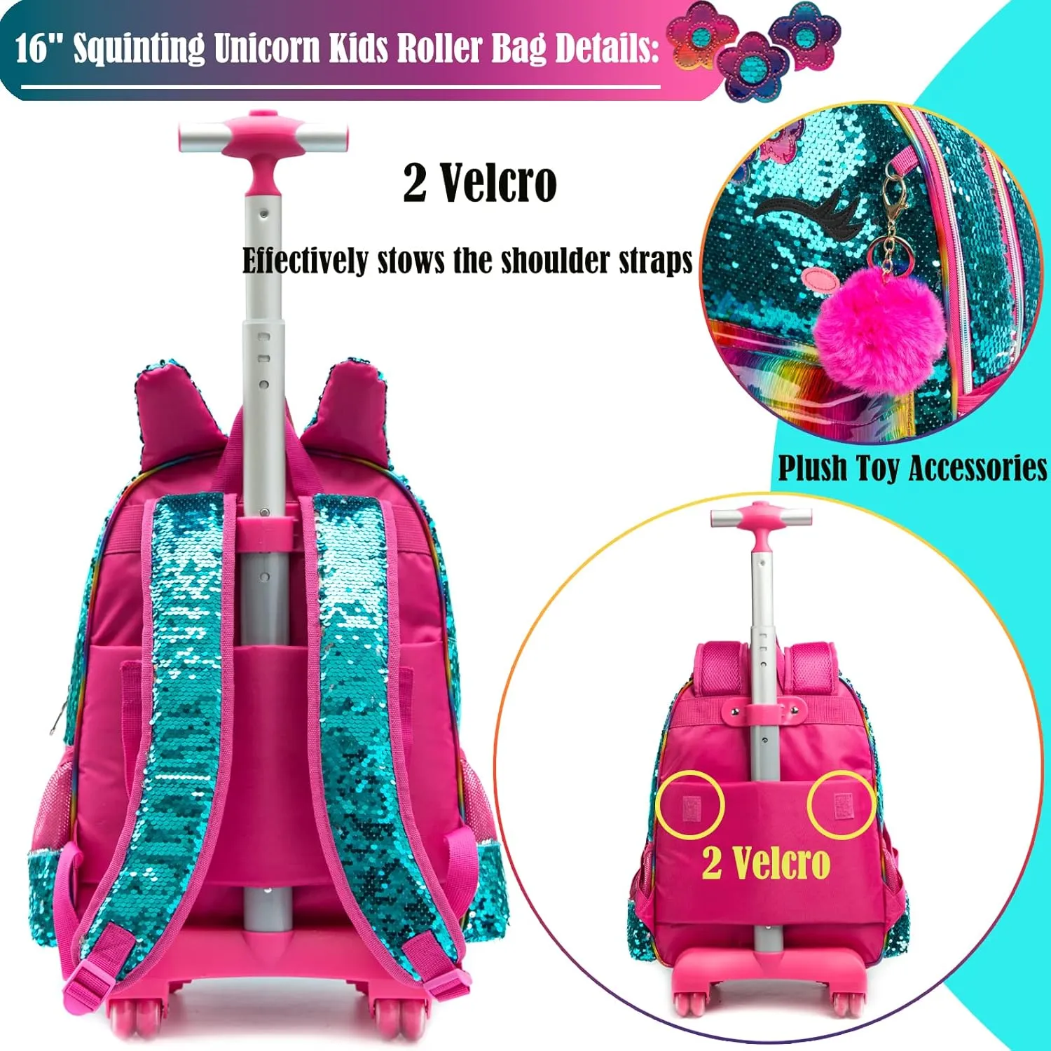 Egchescebo School Kids Rolling Backpack for Girls 3PCS With Trolley Wheeled Backpacks