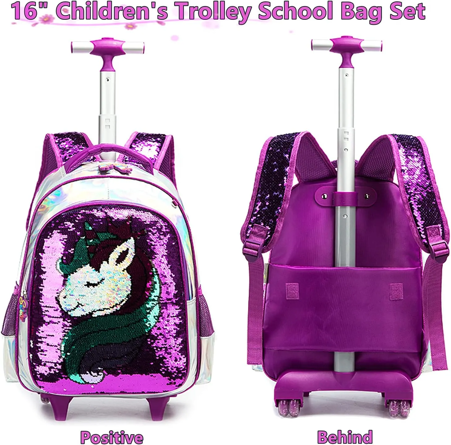 Egchescebo School Kids Rolling Backpack for Girls 3PCS With Trolley Wheeled Backpacks