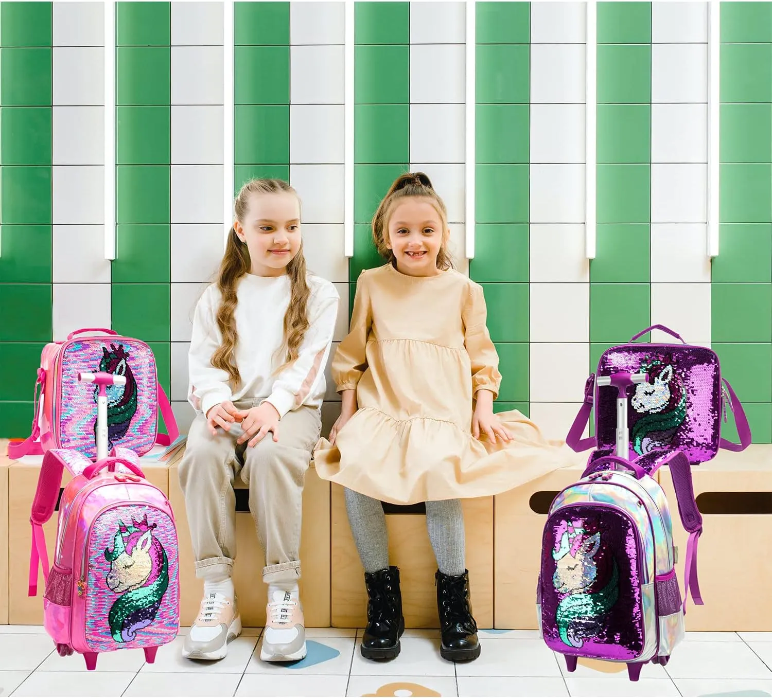 Egchescebo School Kids Rolling Backpack for Girls 3PCS With Trolley Wheeled Backpacks