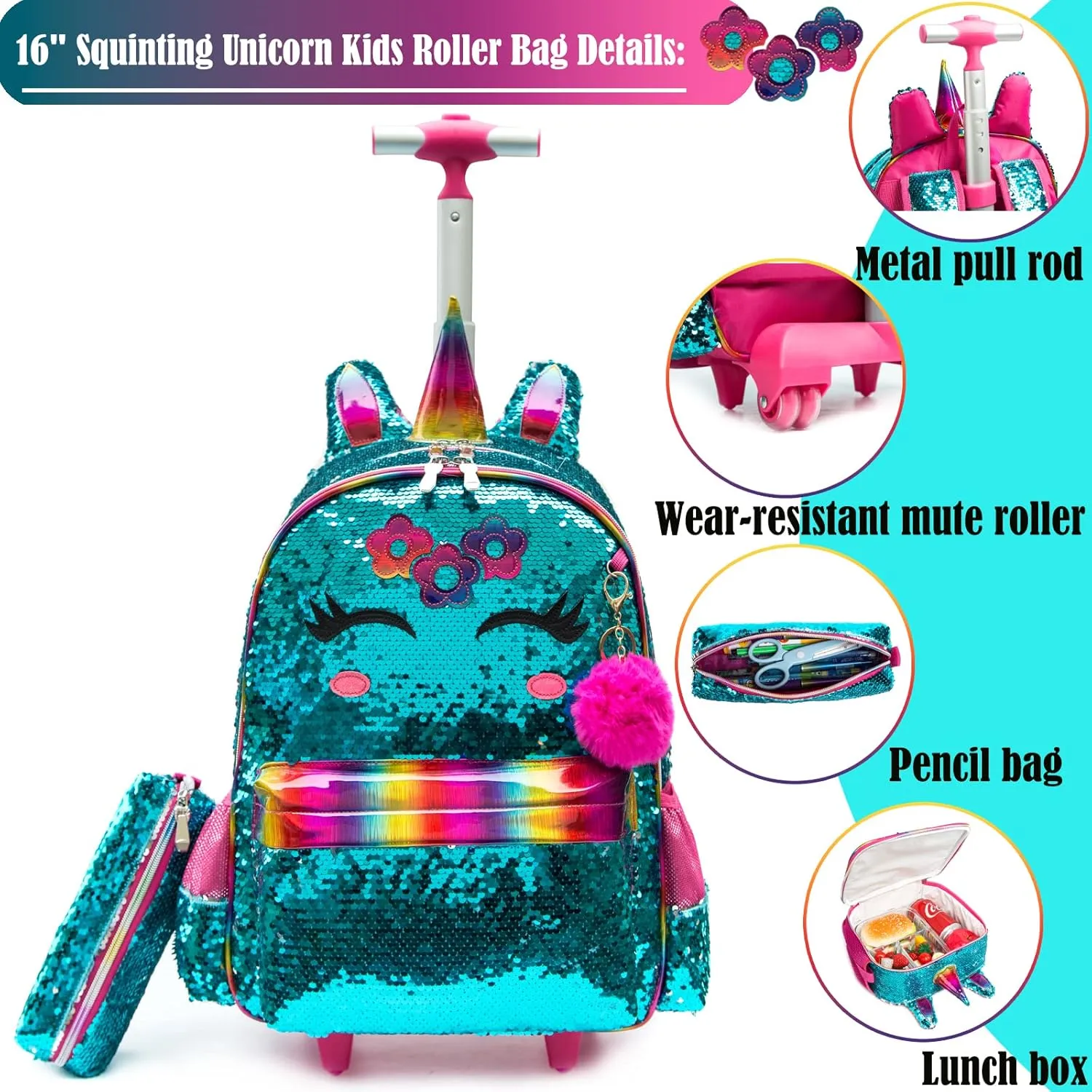 Egchescebo School Kids Rolling Backpack for Girls 3PCS With Trolley Wheeled Backpacks