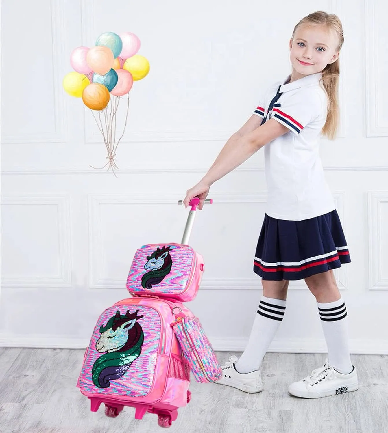 Egchescebo School Kids Rolling Backpack for Girls 3PCS With Trolley Wheeled Backpacks