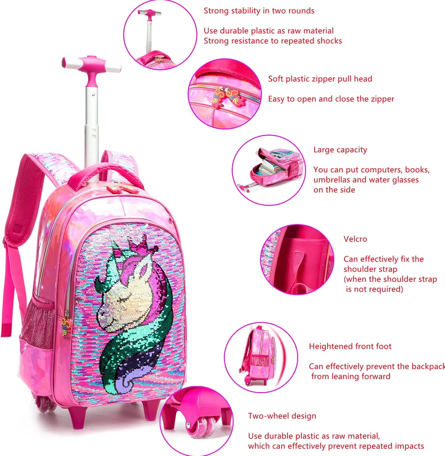 Egchescebo School Kids Rolling Backpack for Girls 3PCS With Trolley Wheeled Backpacks