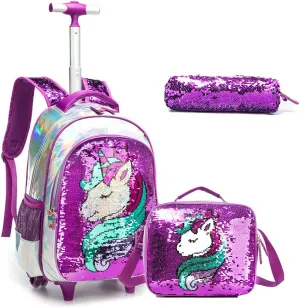Egchescebo School Kids Rolling Backpack for Girls 3PCS With Trolley Wheeled Backpacks