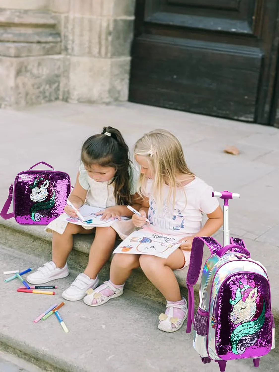 Egchescebo School Kids Rolling Backpack for Girls 3PCS With Trolley Wheeled Backpacks