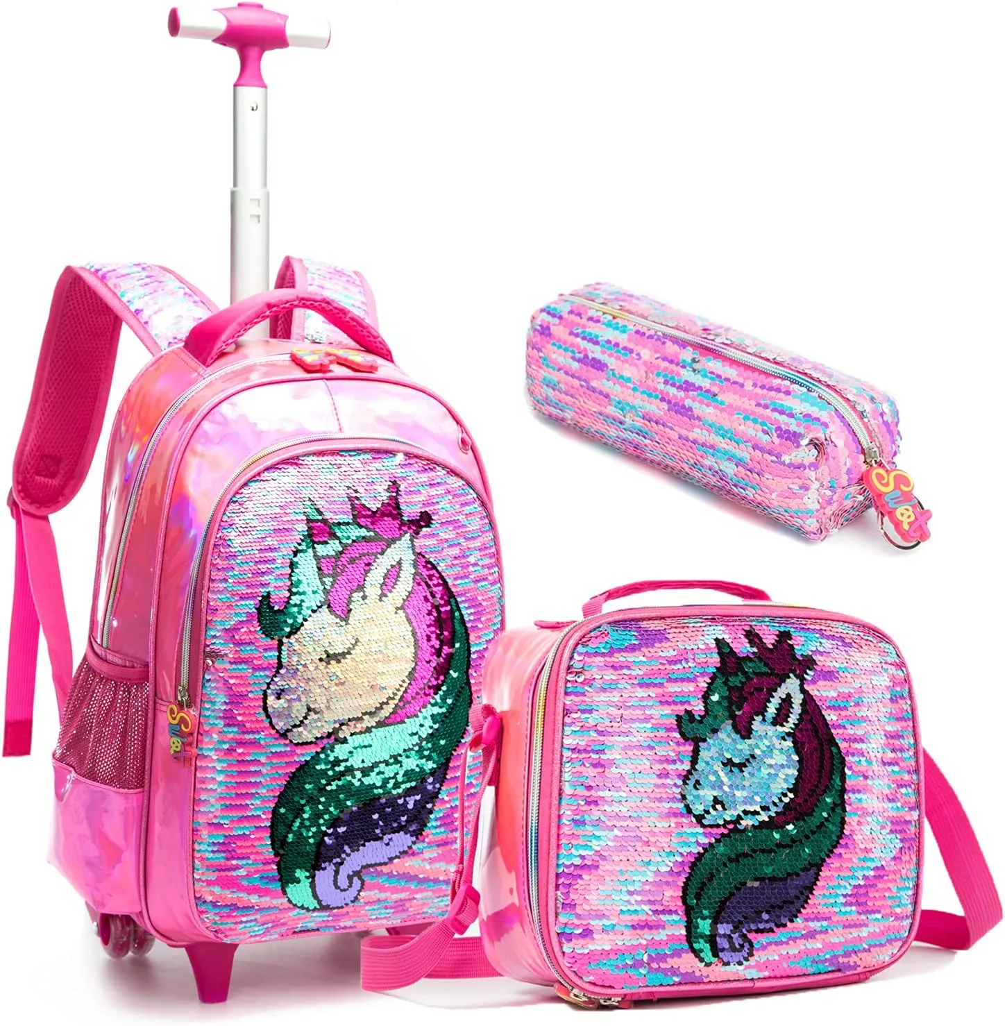 Egchescebo School Kids Rolling Backpack for Girls 3PCS With Trolley Wheeled Backpacks