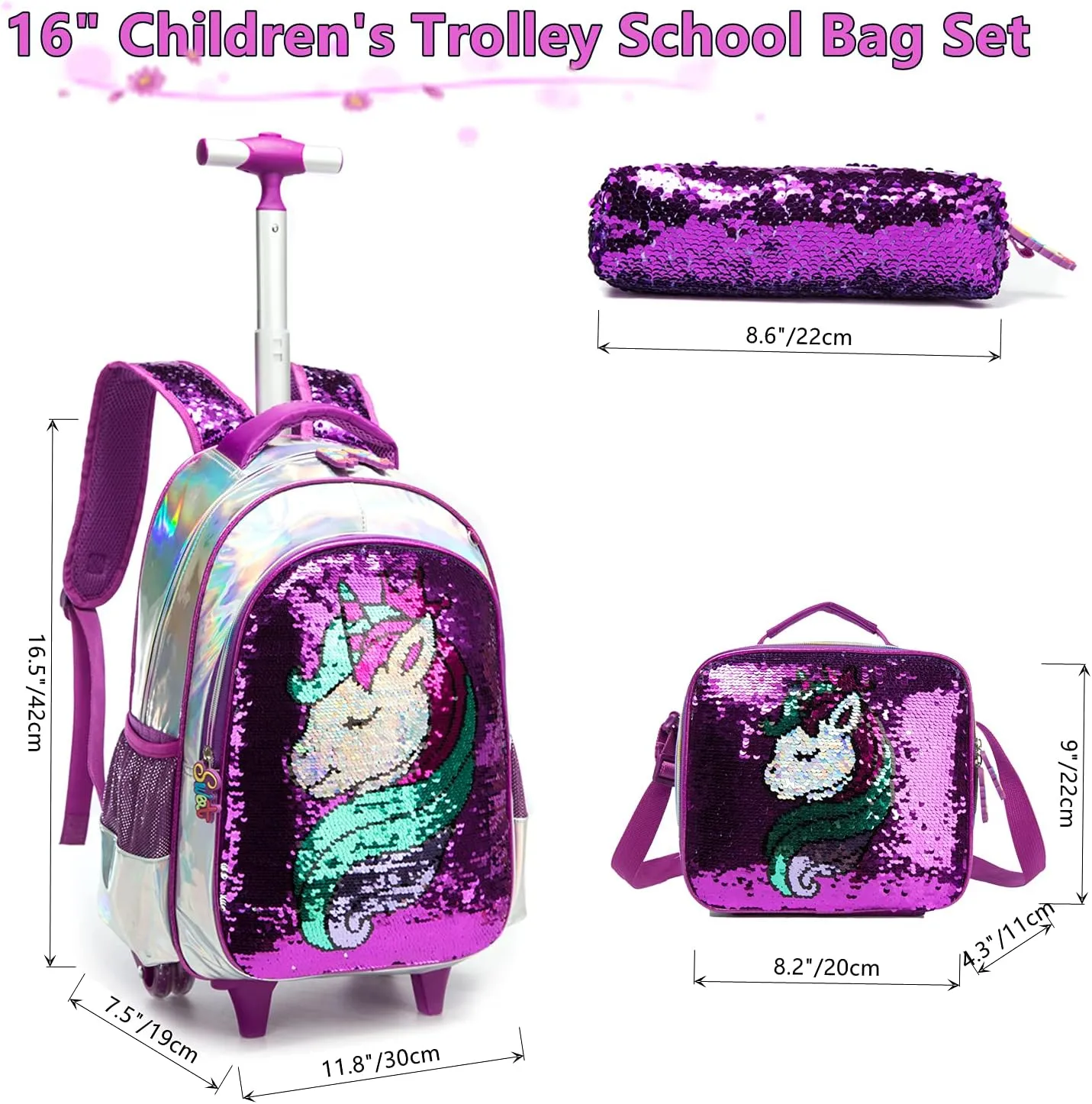 Egchescebo School Kids Rolling Backpack for Girls 3PCS With Trolley Wheeled Backpacks