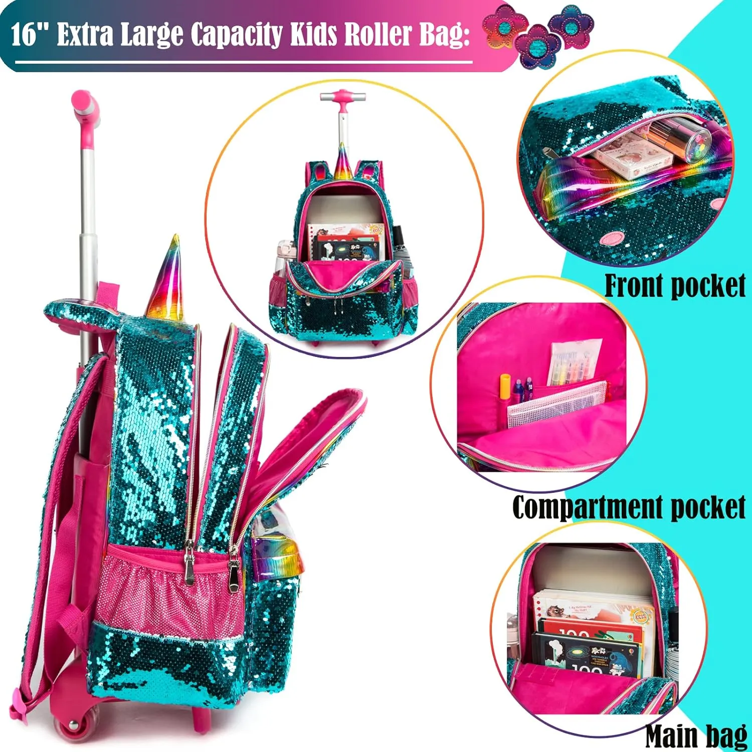 Egchescebo School Kids Rolling Backpack for Girls 3PCS With Trolley Wheeled Backpacks