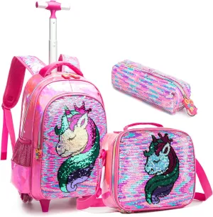 Egchescebo School Kids Rolling Backpack for Girls 3PCS With Trolley Wheeled Backpacks