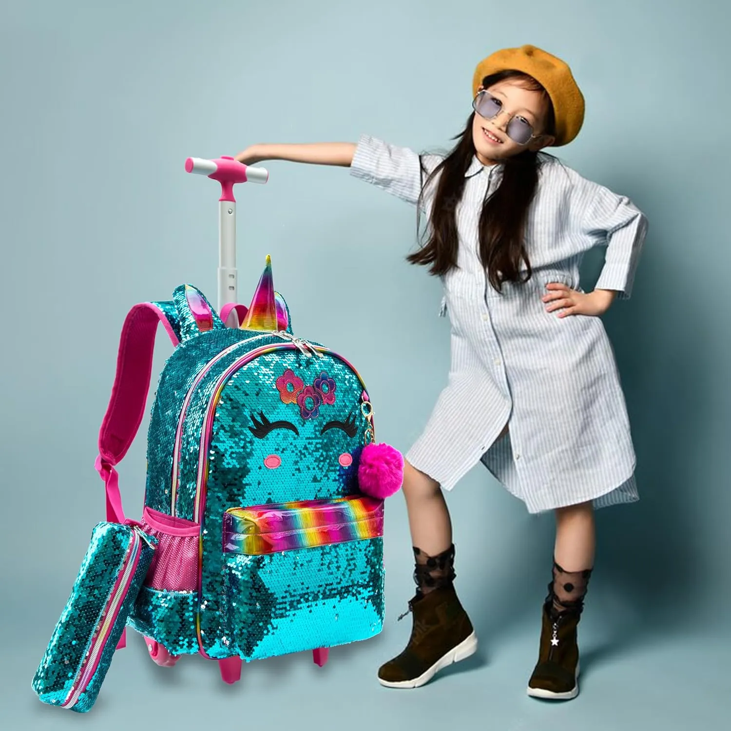 Egchescebo School Kids Rolling Backpack for Girls 3PCS With Trolley Wheeled Backpacks