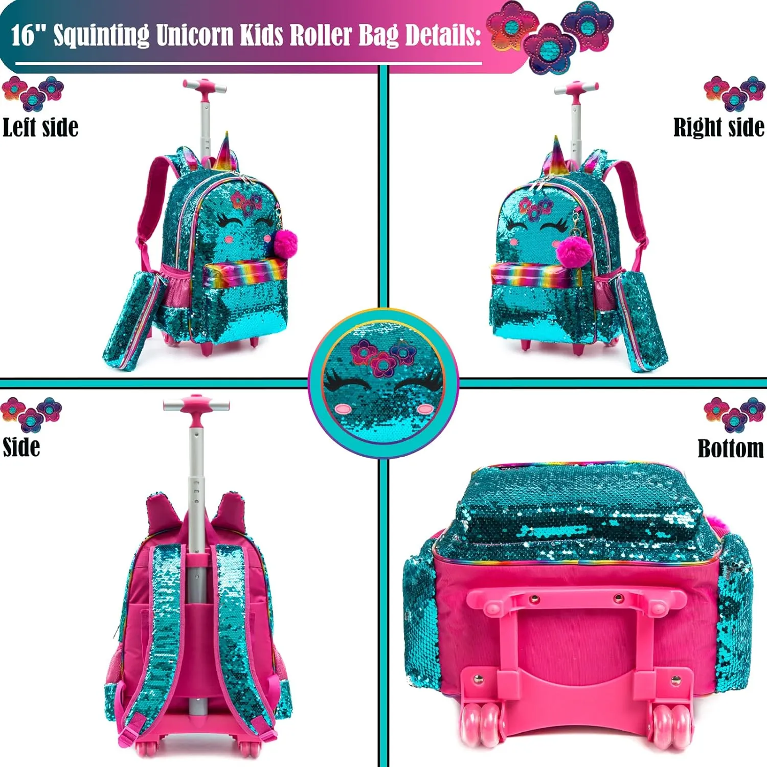 Egchescebo School Kids Rolling Backpack for Girls 3PCS With Trolley Wheeled Backpacks