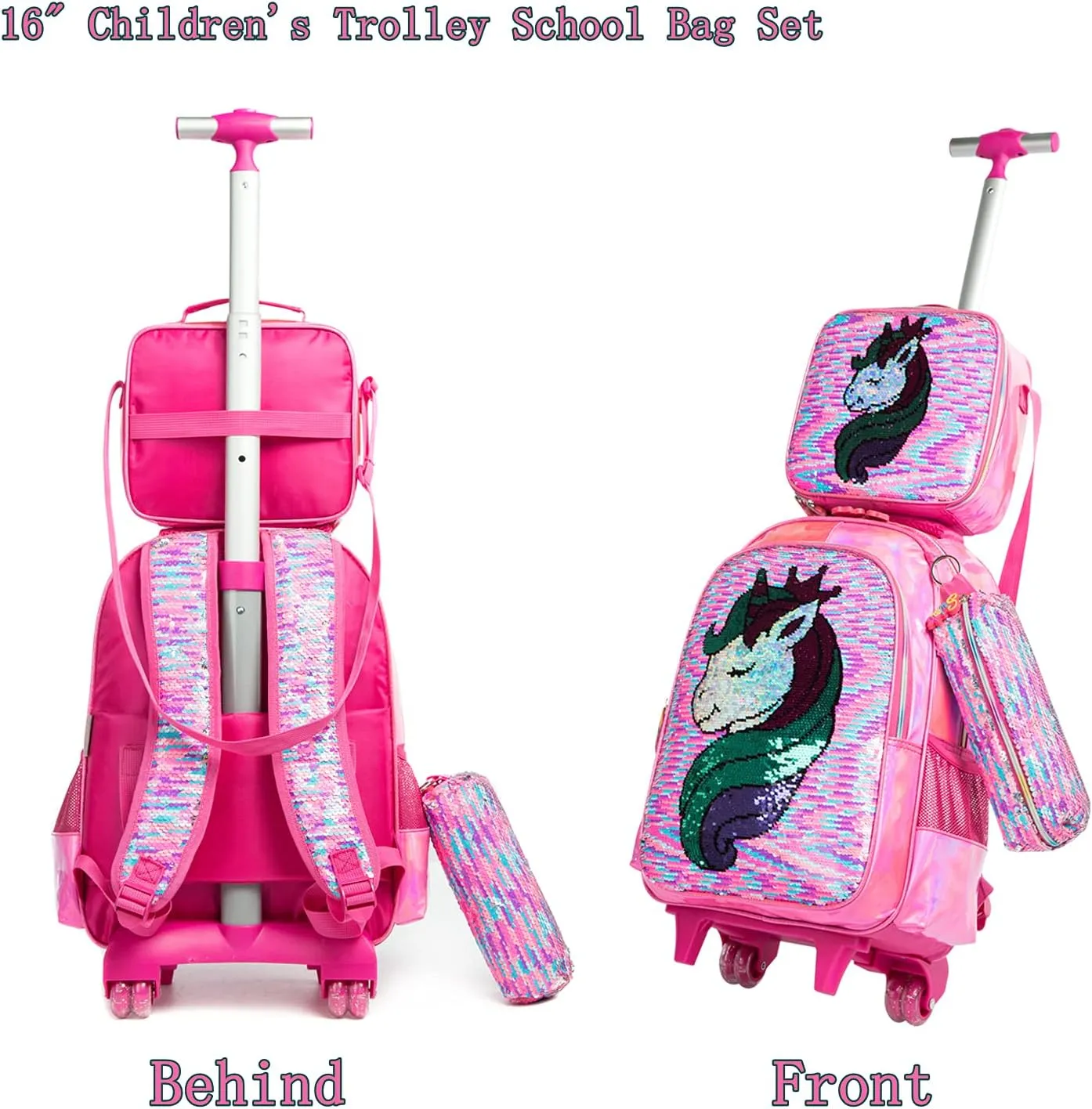 Egchescebo School Kids Rolling Backpack for Girls 3PCS With Trolley Wheeled Backpacks