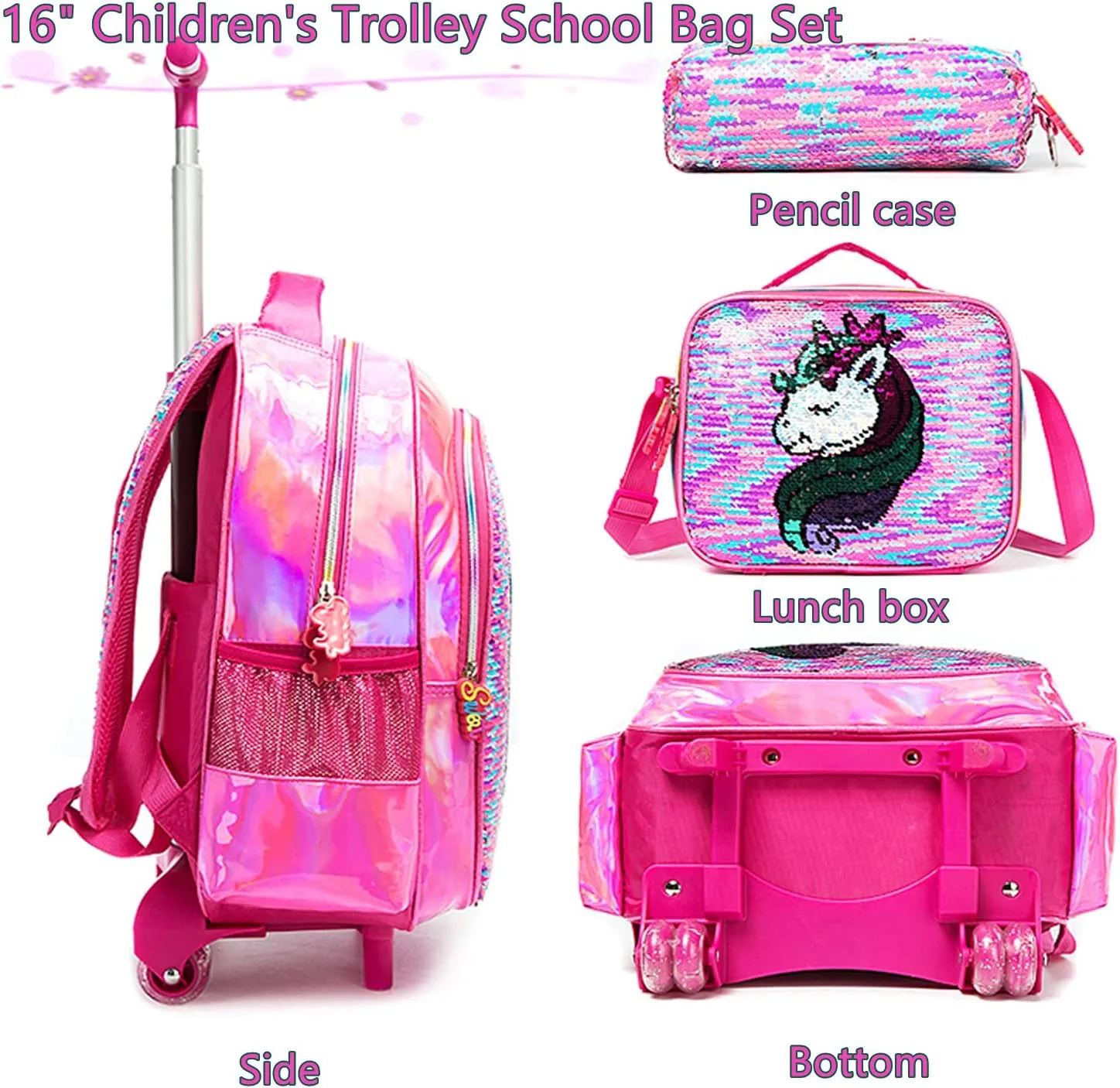 Egchescebo School Kids Rolling Backpack for Girls 3PCS With Trolley Wheeled Backpacks