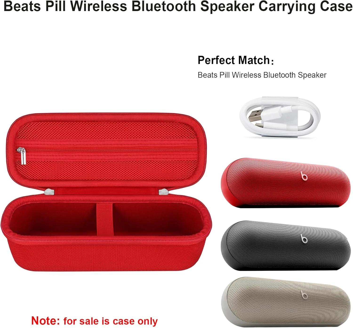Elonbo Carrying Case ​for Beats Pill (2024 Release)-Portable Bluetooth Speaker, Beats Pill Speaker Travel Bag Storage Holder, Mesh Pocket Fits Charger, Red