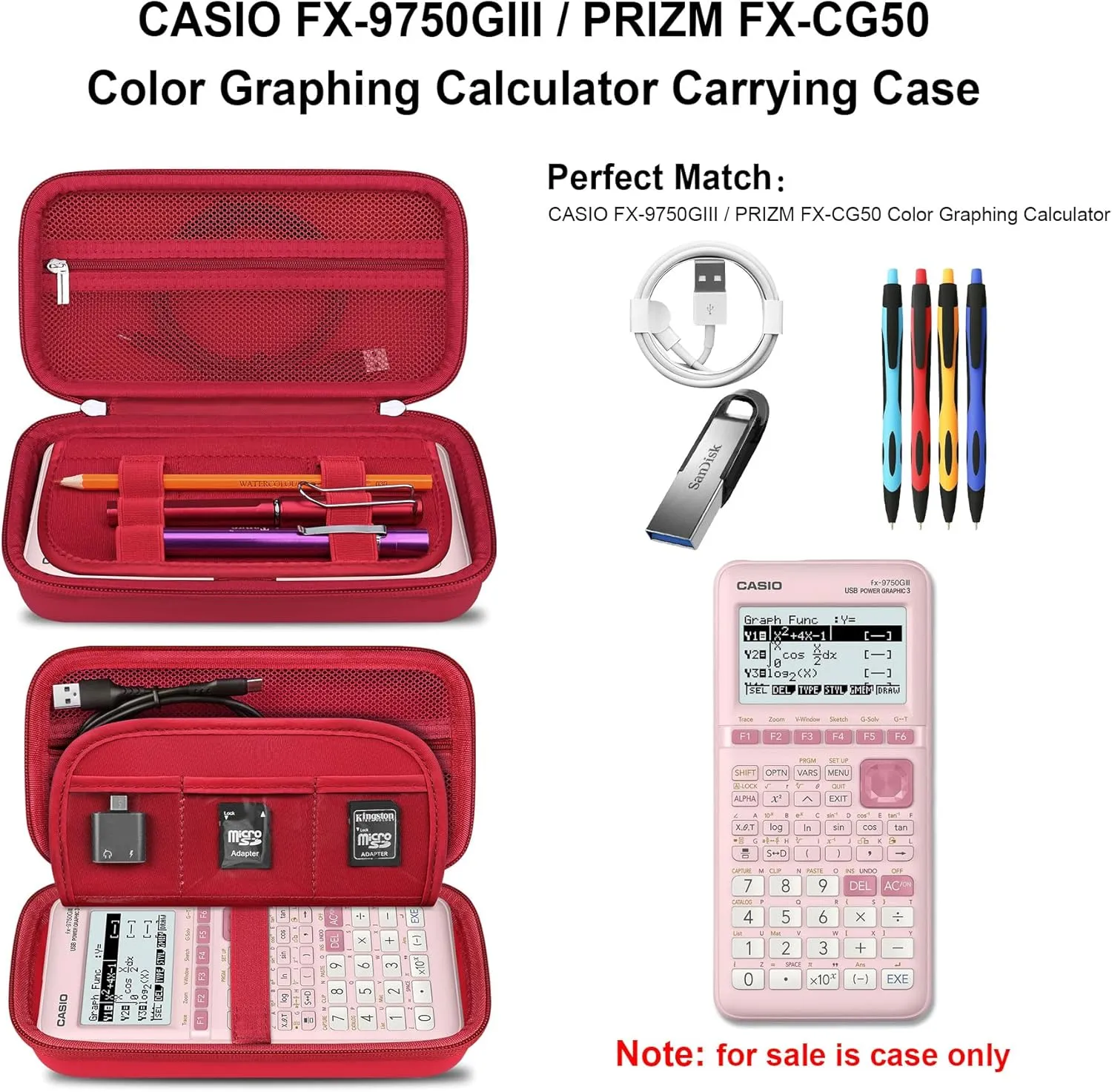 Elonbo Carrying Case for Casio fx-CG50 PRIZM/Casio fx-9750GIII Color Graphing Calculator/ 991ES Plus/ 991CW/ 115ES Plus/ 300ES/ 300MS Standard Advanced Scientific Calculator, Red