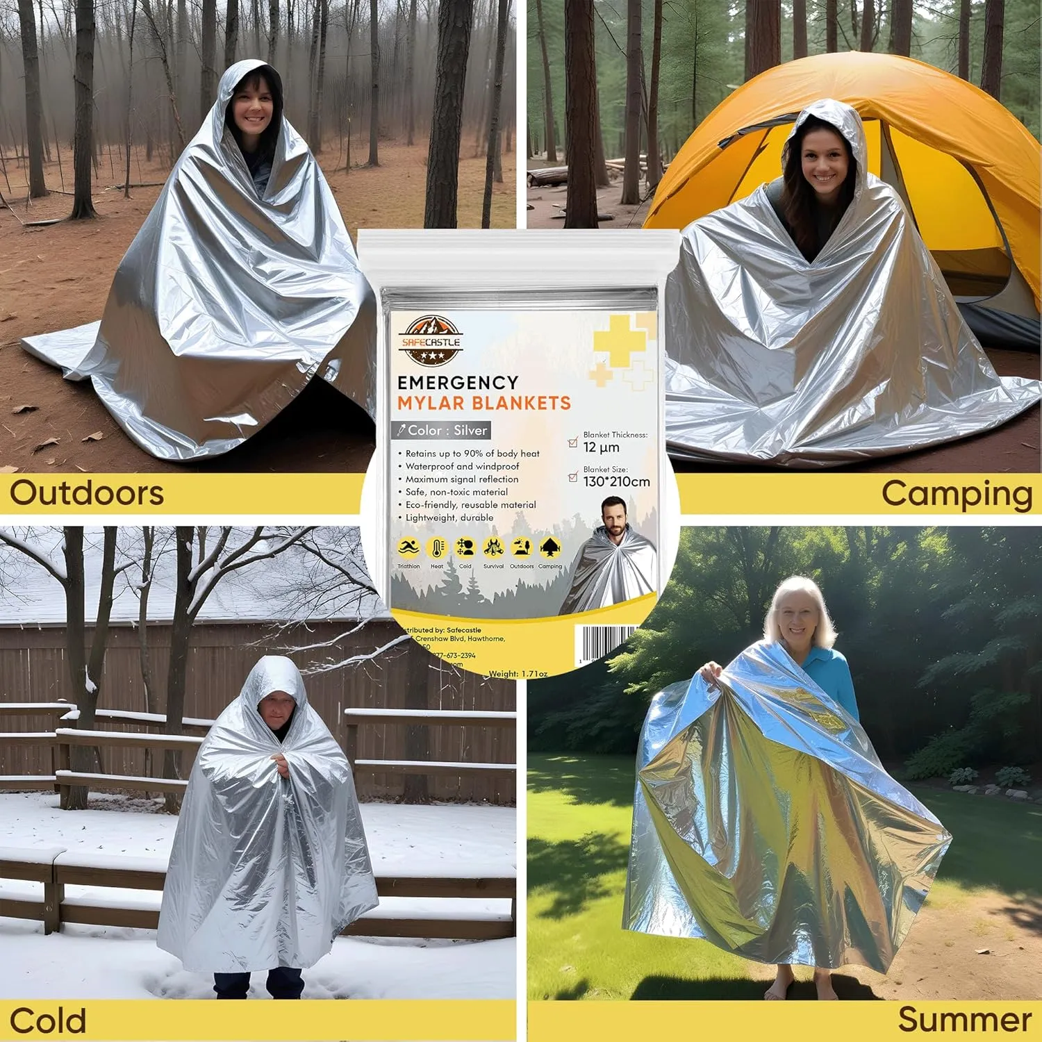Emergency Mylar Blankets 130*210 Cm Large Reusable Thermal Space Blanket Survival Rescue Insulating Reflective foil kit Outdoors Hiking Camping Blanket First Aid Car Emergency Kit Pack of 10