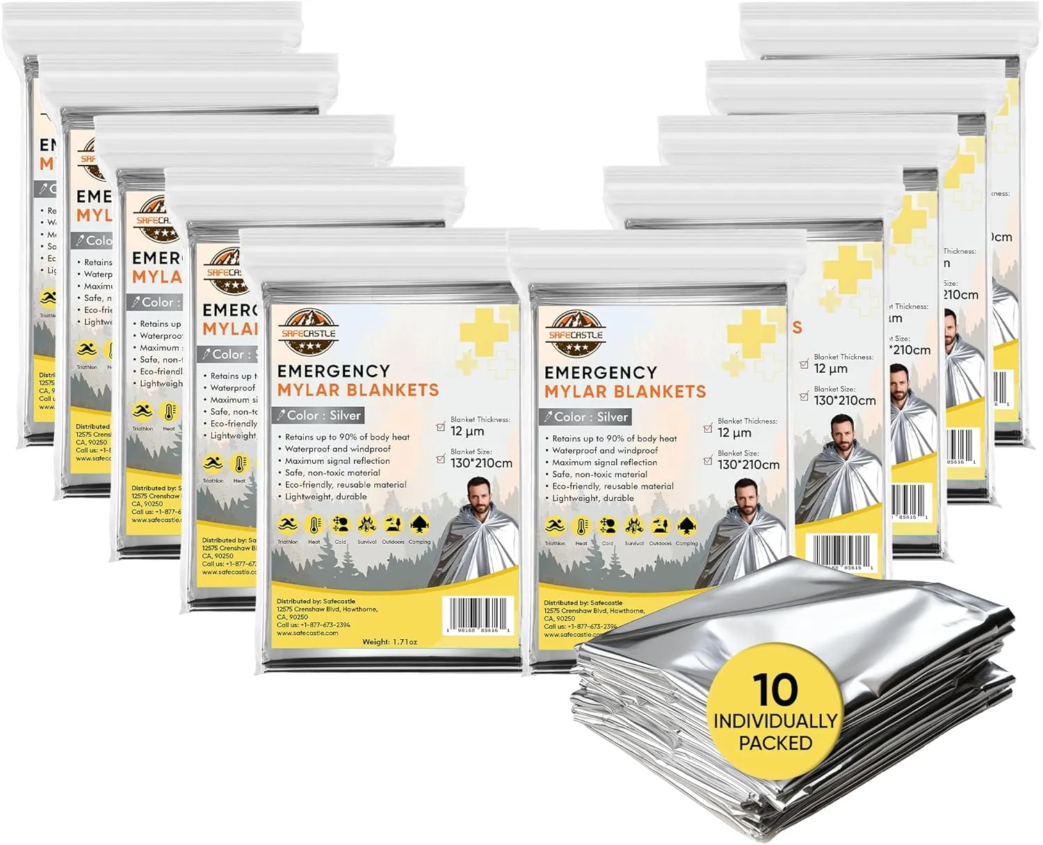 Emergency Mylar Blankets 130*210 Cm Large Reusable Thermal Space Blanket Survival Rescue Insulating Reflective foil kit Outdoors Hiking Camping Blanket First Aid Car Emergency Kit Pack of 10