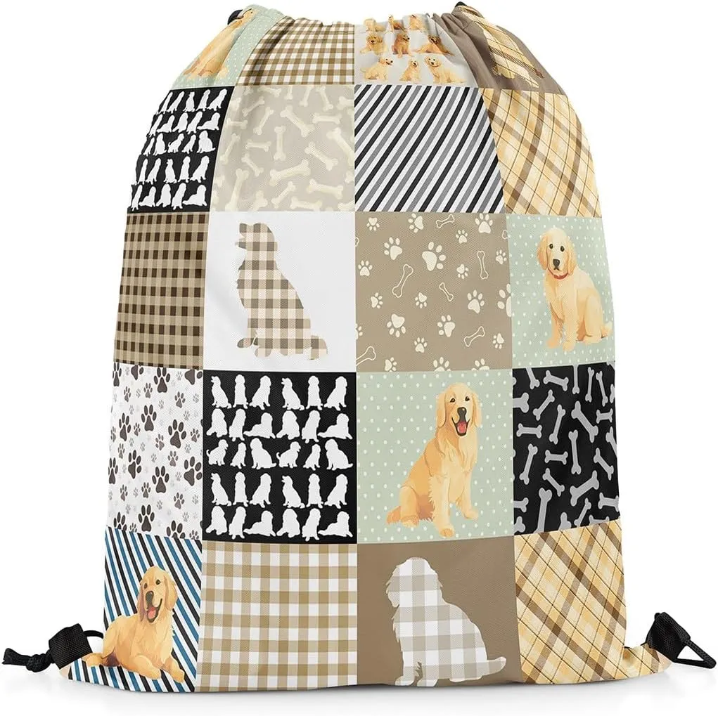 Erosebridal Golden Retriever Drawstring Bags,Kawaii Puppy Dog Drawstring Backpack,Lovely Animal Draw String Back Bag,Rustic Farmhouse Style String Backpack,13x15.7