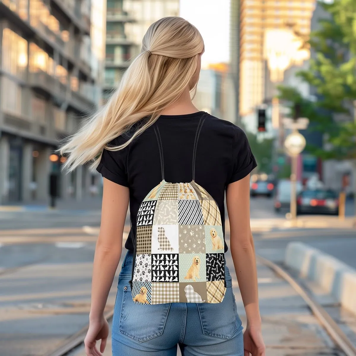 Erosebridal Golden Retriever Drawstring Bags,Kawaii Puppy Dog Drawstring Backpack,Lovely Animal Draw String Back Bag,Rustic Farmhouse Style String Backpack,13x15.7