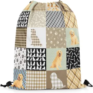 Erosebridal Golden Retriever Drawstring Bags,Kawaii Puppy Dog Drawstring Backpack,Lovely Animal Draw String Back Bag,Rustic Farmhouse Style String Backpack,13x15.7