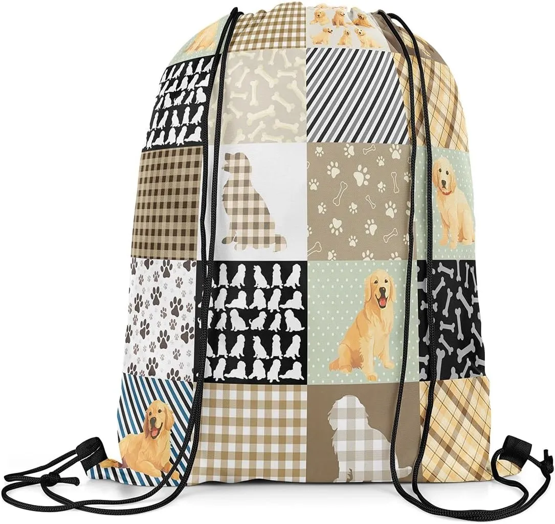 Erosebridal Golden Retriever Drawstring Bags,Kawaii Puppy Dog Drawstring Backpack,Lovely Animal Draw String Back Bag,Rustic Farmhouse Style String Backpack,13x15.7
