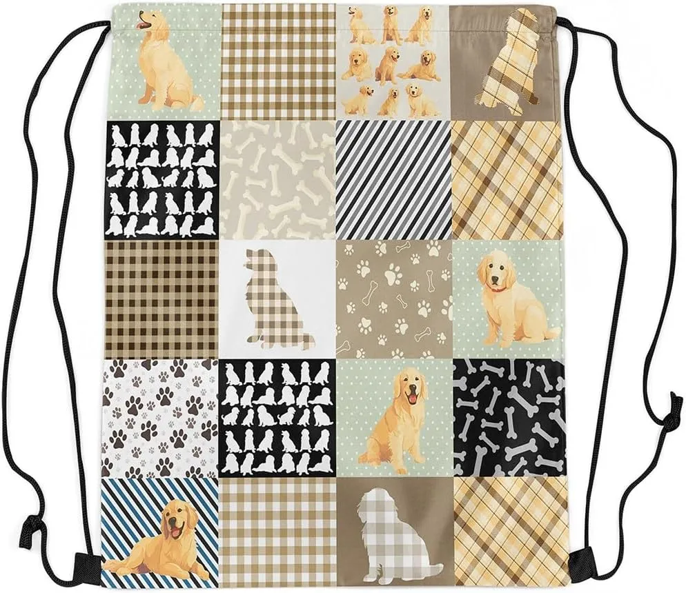 Erosebridal Golden Retriever Drawstring Bags,Kawaii Puppy Dog Drawstring Backpack,Lovely Animal Draw String Back Bag,Rustic Farmhouse Style String Backpack,13x15.7
