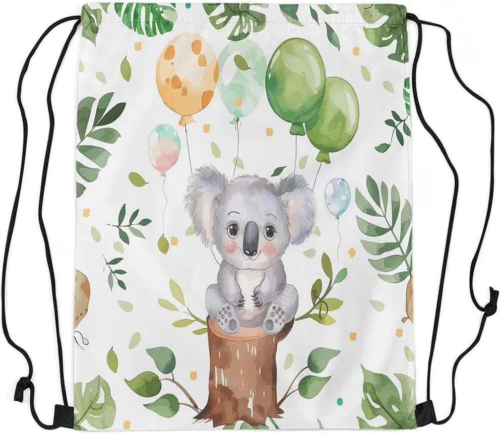 Erosebridal Kawaii Koala Drawstring Backpack 13x15.7, Cartoon Animals Printed Foldable Drawstring Bags, Cute Wildlife Draw String Back Bag For Gym Swim, Gray Green Balloons Foldable String Backpack