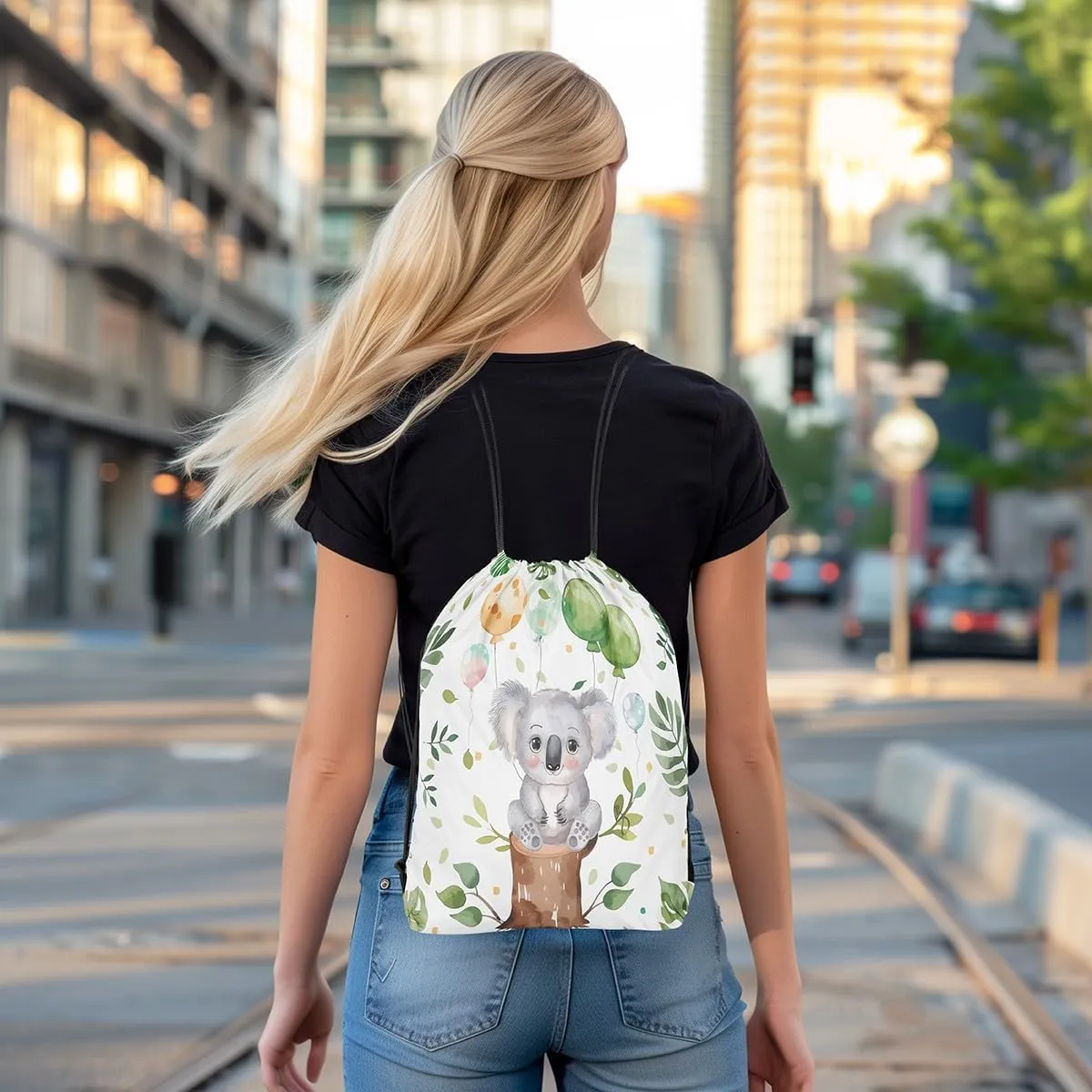 Erosebridal Kawaii Koala Drawstring Backpack 13x15.7, Cartoon Animals Printed Foldable Drawstring Bags, Cute Wildlife Draw String Back Bag For Gym Swim, Gray Green Balloons Foldable String Backpack
