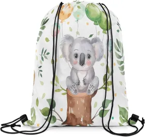 Erosebridal Kawaii Koala Drawstring Backpack 13x15.7, Cartoon Animals Printed Foldable Drawstring Bags, Cute Wildlife Draw String Back Bag For Gym Swim, Gray Green Balloons Foldable String Backpack