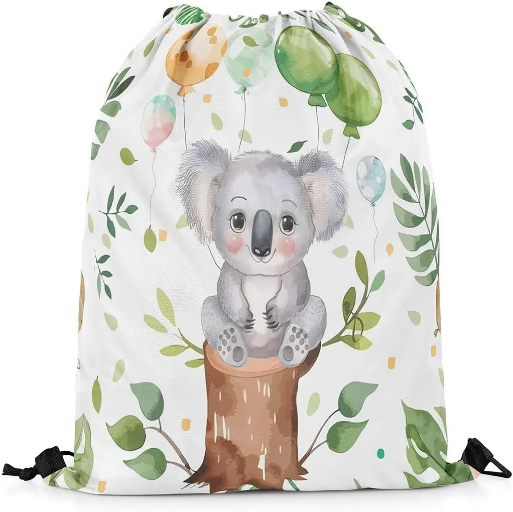 Erosebridal Kawaii Koala Drawstring Backpack 13x15.7, Cartoon Animals Printed Foldable Drawstring Bags, Cute Wildlife Draw String Back Bag For Gym Swim, Gray Green Balloons Foldable String Backpack