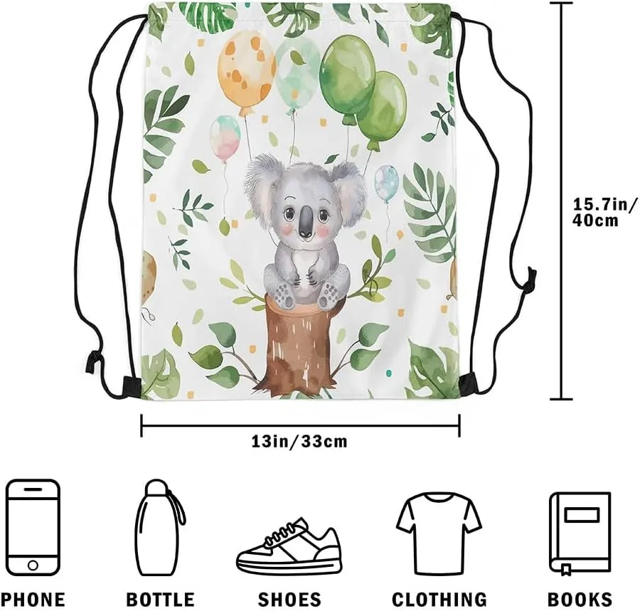 Erosebridal Kawaii Koala Drawstring Backpack 13x15.7, Cartoon Animals Printed Foldable Drawstring Bags, Cute Wildlife Draw String Back Bag For Gym Swim, Gray Green Balloons Foldable String Backpack
