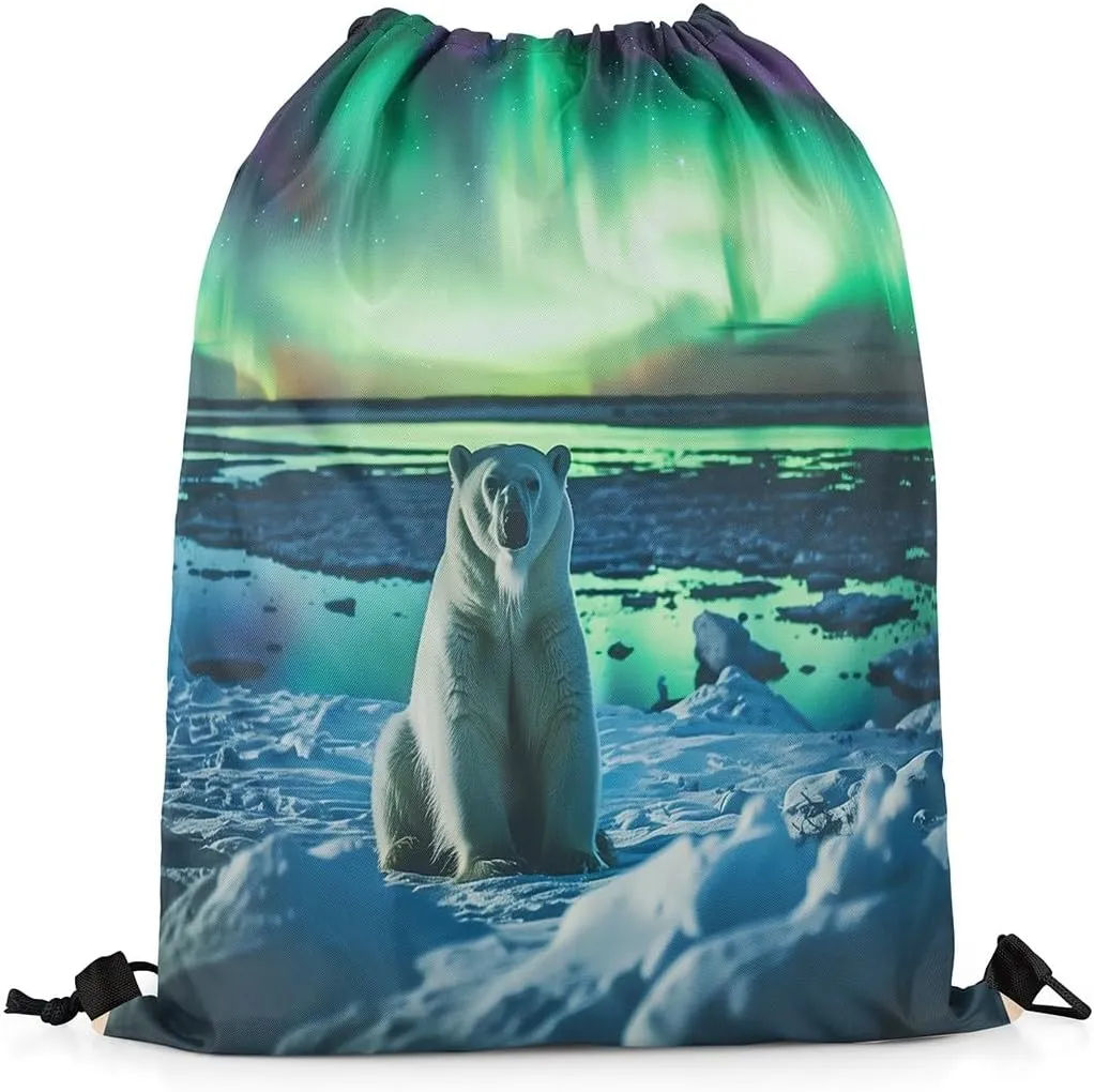 Erosebridal Polar Bear Drawstring Bags,Gradient Starry Sky Star Galaxy Drawstring Backpack,Natural Iceberg Mountain String Backpack,Ombre Dreamy Draw String Back Bag,13x15.7