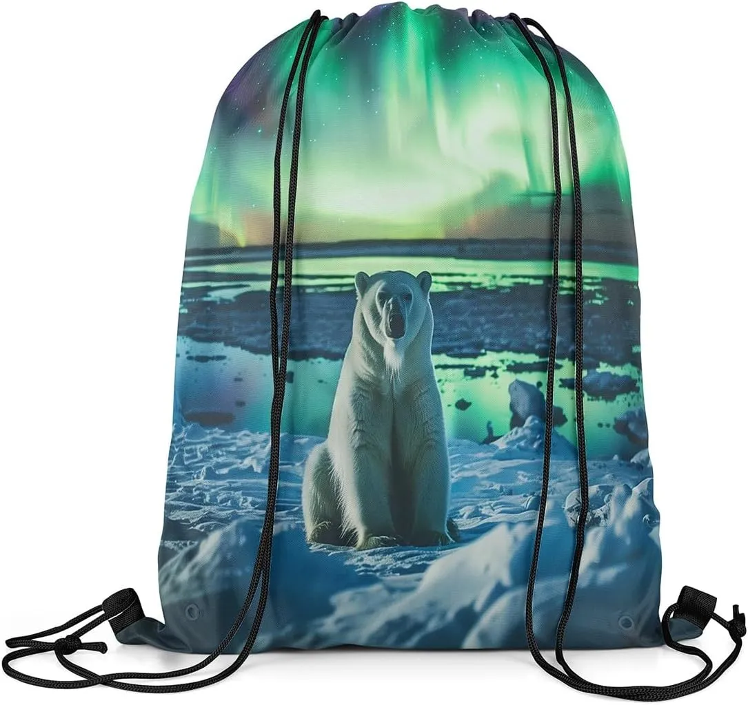 Erosebridal Polar Bear Drawstring Bags,Gradient Starry Sky Star Galaxy Drawstring Backpack,Natural Iceberg Mountain String Backpack,Ombre Dreamy Draw String Back Bag,13x15.7