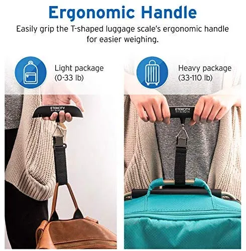 Etekcity Digital Hanging Luggage Scale, Portable Handheld Baggage Scale for Travel, Suitcase Scale with Rubber Paint, Temperature Sensor, 110 Pounds, Battery Included