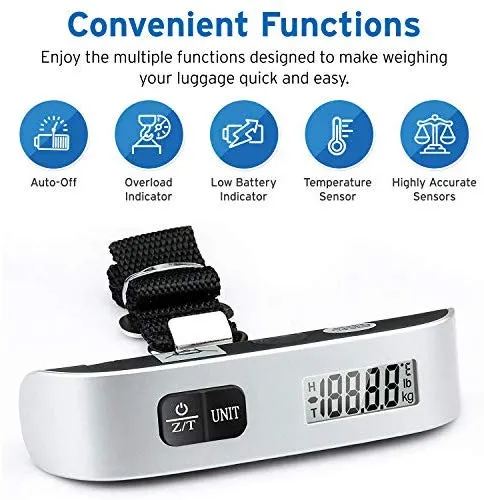 Etekcity Digital Hanging Luggage Scale, Portable Handheld Baggage Scale for Travel, Suitcase Scale with Rubber Paint, Temperature Sensor, 110 Pounds, Battery Included