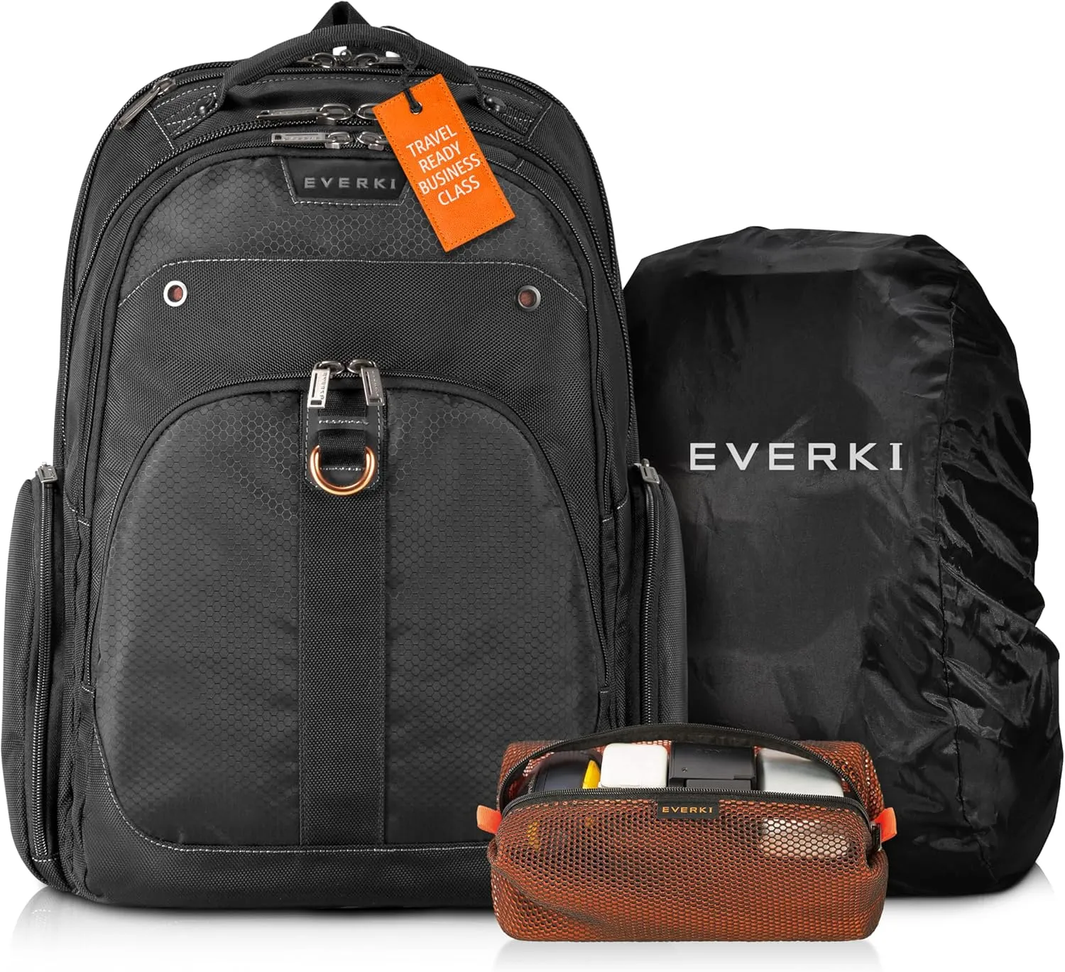 Everki Atlas Business Laptop Backpack (EKP121S15) with Orange Accessory Pouch & Rain Cover - Men's Backpack with 11"-15.6" Compartment, 29.5L Capacity - Travel-Friendly Backpack, Pouch & Cover Bundle