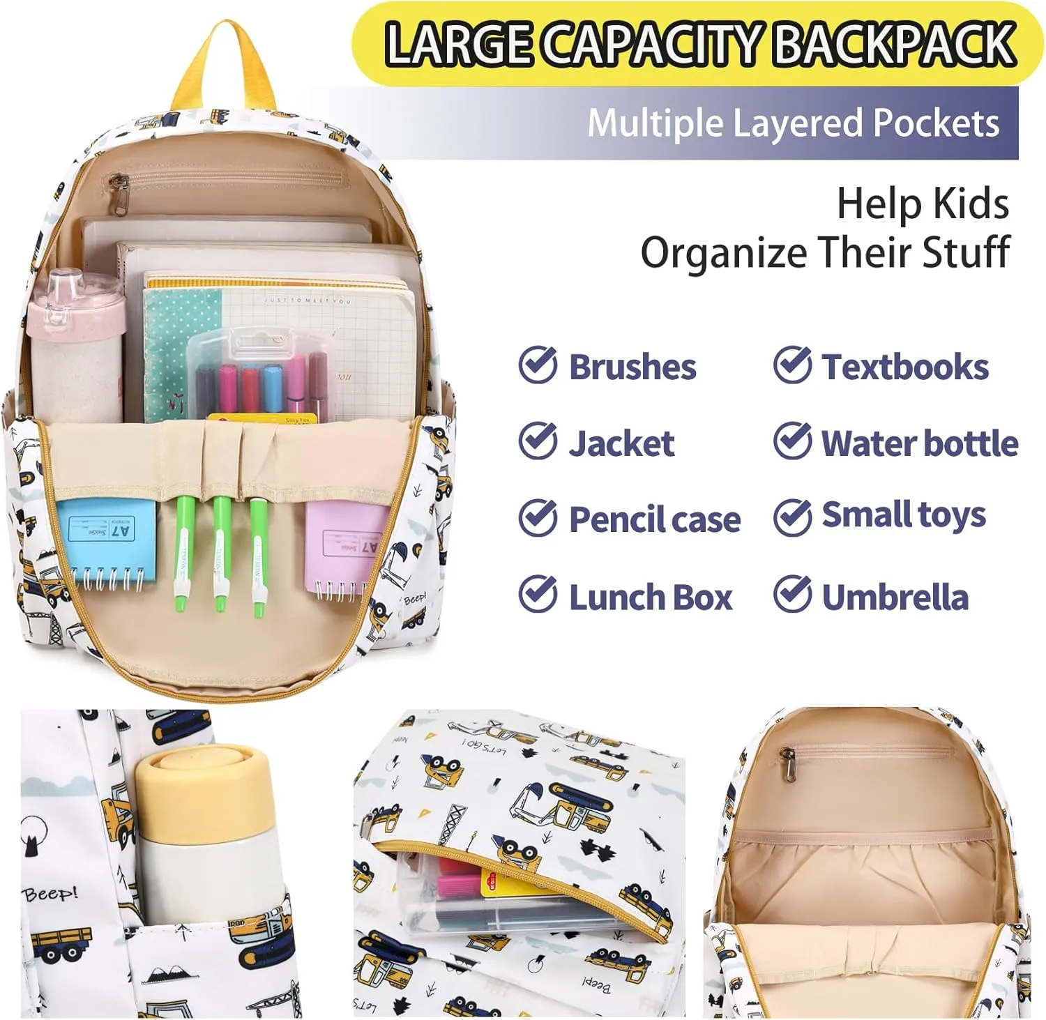 Excavator Backpack for Boys Preschool Backpack Toddler Boy Tractor Bookbag Small Chest Strap, Children Preschool Kindergarten Backpack - White Excavator