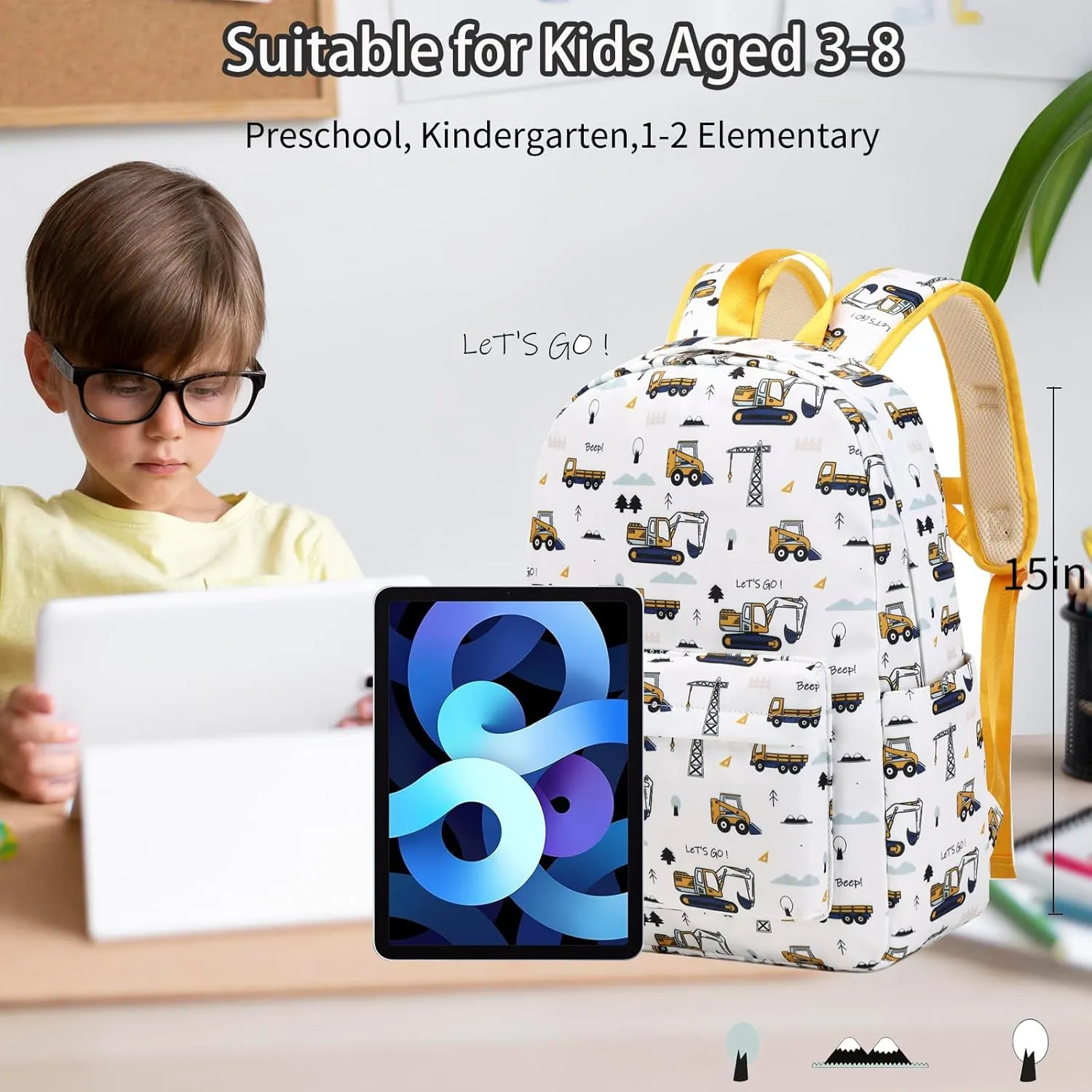 Excavator Backpack for Boys Preschool Backpack Toddler Boy Tractor Bookbag Small Chest Strap, Children Preschool Kindergarten Backpack - White Excavator