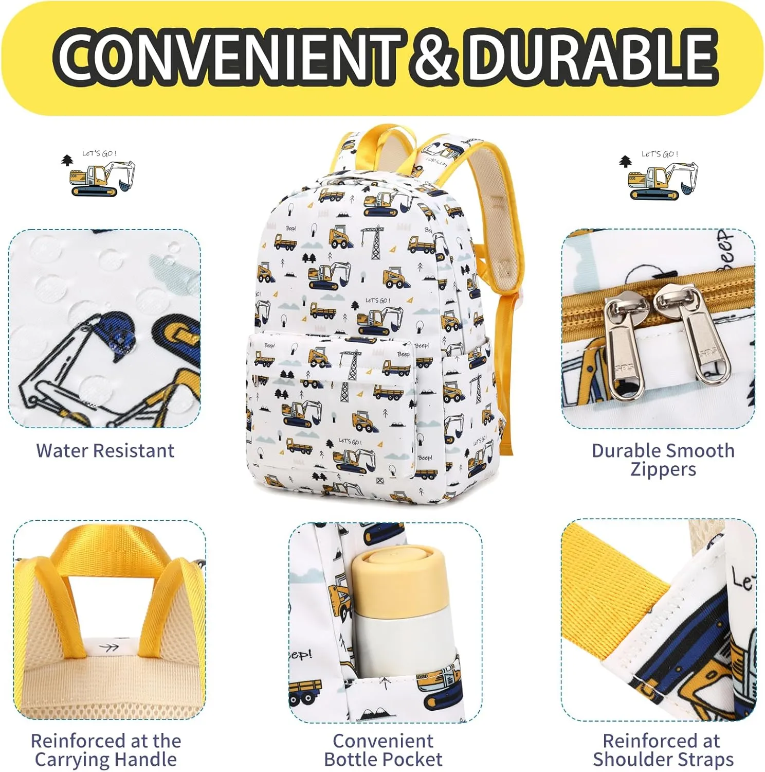 Excavator Backpack for Boys Preschool Backpack Toddler Boy Tractor Bookbag Small Chest Strap, Children Preschool Kindergarten Backpack - White Excavator