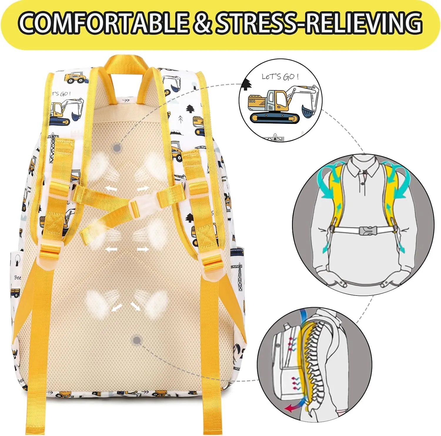 Excavator Backpack for Boys Preschool Backpack Toddler Boy Tractor Bookbag Small Chest Strap, Children Preschool Kindergarten Backpack - White Excavator